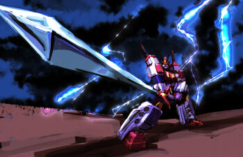 1boy assault_visor autobot blue_eyes fighting_stance glowing glowing_eyes holding holding_sword holding_weapon ibdinosaur insignia looking_at_viewer mecha no_humans retro_artstyle robot science_fiction solo star_saber_(transformers) sunrise_stance super_robot sword transformers transformers:_return_of_convoy transformers_victory transformers_zone weapon