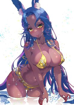 1girl absurdres animal_ear_fluff animal_ears artist_name bikini blue_hair breasts commentary_request commission dark-skinned_female dark_skin eileenza_zargoth_(pridewolven) final_fantasy final_fantasy_xiv highres large_breasts long_hair micro_bikini momoyama_tits multi-source_commentary original parted_bangs rabbit_ears rabbit_girl skeb_commission smile solo sparkle swimsuit viera wading warrior_of_light_(ff14) yellow_bikini yellow_eyes
