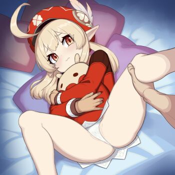 1girl absurdres ahoge ass bed_sheet brown_scarf newsboy_cap clover_print collar commentary commentary_request cromachina disembodied_hand doll hugging_doll english_commentary genshin_impact groin hair_between_eyes hat hat_feather hat_ornament highres holding_another's_leg jumpy_dumpty klee_(genshin_impact) knees_up light_brown_hair loli long_hair long_sleeves looking_at_viewer low_twintails lying mixed-language_commentary hugging_object on_back orange_eyes out_of_frame panties pillow pointy_ears pov red_collar red_headwear scarf sidelocks solo_focus spread_legs stuffed_animal stuffed_toy tearing_up tears twintails underwear wavy_mouth white_panties