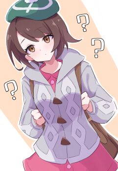 1girl ? absurdres bag blush brown_bag brown_eyes brown_hair buttons cardigan closed_mouth commentary dot_mouth dress gloria_(pokemon) green_hat grey_cardigan hat head_tilt highres holding_strap long_sleeves looking_at_viewer nintendo outline pink_dress piyo_to_game pokemon pokemon_swsh short_hair solo standing tam_o&#039;_shanter white_outline
