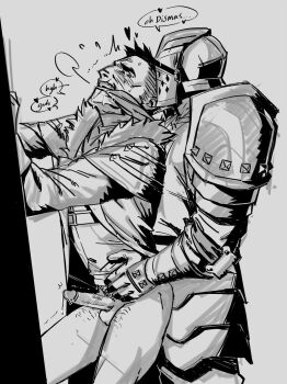 2boys anal bara beard blush bottomless clothed_sex connected_beard couple crusader_(darkest_dungeon) darkest_dungeon english_text erection facial_hair full_beard gagged greyscale heart highres highwayman_(darkest_dungeon) knight lizzyoli-ravioli loving_aura male_focus mature_male monochrome multiple_boys penis sex sex_from_behind short_hair sparse_leg_hair standing standing_sex thick_eyebrows yaoi