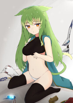 1girl absurdres animal_ears bed_sheet black_shirt black_thighhighs blush breasts cat_ears cat_girl cat_tail closed_mouth commentary_request crop_top glowing green_hair highres long_hair looking_at_viewer medium_breasts multicolored_hair navel no_pants no_shoes nyaha orange_eyes original panties shirt sitting solo streaked_hair tail thighhighs underwear very_long_hair wariza white_panties