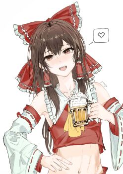 Rule 34 | 1girl, absurdres, alcohol, ascot, beer, bow, brown eyes, brown hair, commentary request, cup, detached sleeves, frilled bow, frilled hair tubes, frills, hair bow, hair tubes, hakurei reimu, hand on own hip, heart, highres, holding, holding cup, long hair, looking at viewer, midriff, mug, navel, open mouth, red bow, ribbon-trimmed sleeves, ribbon trim, simple background, smile, solo, spoken heart, teeth, touhou, upper teeth only, white background, yautja, yellow ascot