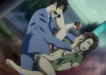 1girl 1other alternate_breast_size_(smaller) android bare_shoulders barefoot blurry blurry_background bottomless breasts brown_eyes brown_hair coat collarbone darkeluncut eiko_(terminator_zero) eyelashes feet fingernails full_body glowing glowing_eyes greek_toe hand_up highres holding knees legs lips looking_at_another looking_to_the_side mechabare medium_breasts mouth_hold navel neck night nipples open_mouth outdoors partially_undressed pussy rape red_eyes short_hair sidelocks sleeveless sleeveless_coat spread_legs stomach struggling t-800 terminator_(series) terminator_zero thighs toenails toes tomboy toned toned_female vaginal wavy_hair