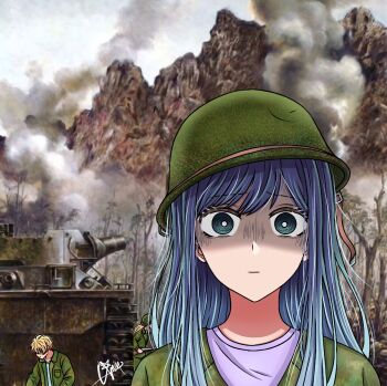 Rule 34 | 1boy, 2girls, alternate universe, blonde hair, blue eyes, blue hair, bright pupils, closed mouth, commentary, fine art parody, furrowed brow, green jacket, helmet, highres, hoshino aquamarine, hoshino ruby, jacket, kurokawa akane, long hair, looking at viewer, lvt, meme, military, military uniform, military vehicle, min 77906, min li7, motor vehicle, mountain, multiple girls, oshi no ko, outdoors, parody, purple shirt, shaded face, shirt, siblings, signature, smoke, straight-on, tank, tank turret, the two-thousand yard stare, thousand yard stare, tilted headwear, traumatized, tree, twins, upper body, war, white pupils