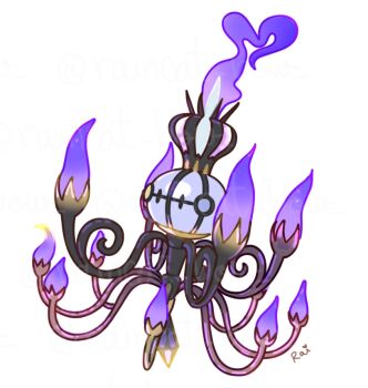 chandelier chandelure crown fire gen_5_pokemon ghost mega_chandelure mega_pokemon mini_crown mismatched_eyes nintendo no_humans pokemon pokemon_(creature) pokemon_focus purple_fire rainmeowxd white_background yellow_eyes