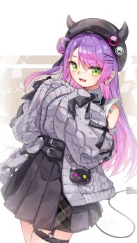 1girl absurdres beret black_hat black_skirt colored_inner_hair commentary_request demon_girl demon_tail fang grey_sweater hair_bun hair_ornament hairpin hat highres hololive long_hair looking_at_viewer multicolored_hair official_alternate_costume open_mouth piercing pink_hair pink_streaks pointy_ears purple_hair shirt skin_fang skirt sleeves_past_fingers sleeves_past_wrists smile solo streaked_hair sweater tail tail_ornament tail_piercing thigh_strap tokoyami_towa tokoyami_towa_(jirai_kei) u_da_desu very_long_hair virtual_youtuber white_shirt x_hair_ornament