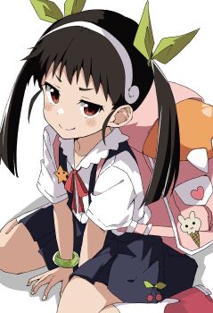1girl backpack bag bakemonogatari black_hair blunt_ends commentary_request hachikuji_mayoi highres looking_at_viewer maho_ron1 monogatari_(series) on_floor red_eyes ribbon simple_background skirt smile