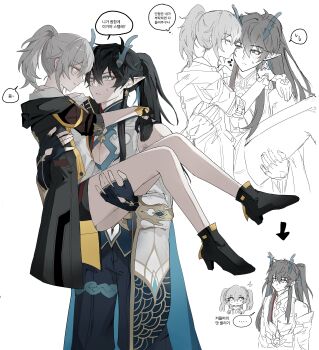 ... 00rml 1boy 1girl absurdres alternate_hairstyle aqua_eyes arms_around_neck black_boots black_gloves black_jacket black_skirt boots carrying carrying_person chinese_clothes clothing_cutout dan_heng_(honkai:_star_rail) dan_heng_(imbibitor_lunae)_(honkai:_star_rail) dragon_boy dragon_horns earrings eastern_dragon_horns eye_contact eyeliner fingerless_gloves glove_cutout gloves grey_hair hashtag-only_commentary hetero high_heel_boots high_heels highres honkai:_star_rail honkai_(series) horns jacket jewelry kiss kissing_cheek long_hair looking_at_another makeup multiple_views one_eye_closed pointy_ears ponytail princess_carry red_eyeliner shirt simple_background skirt smile spoken_ellipsis spoken_sweatdrop stelle_(honkai:_star_rail) sweatdrop trailblazer_(honkai:_star_rail) translation_request white_background white_shirt yellow_eyes