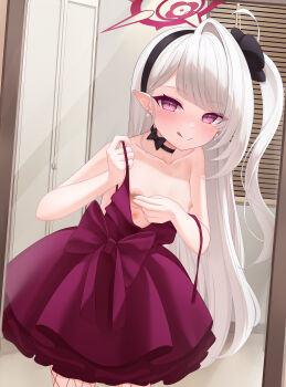 1girl absurdres arsenic_(dufw2887) black_bow black_choker black_hairband black_scrunchie blue_archive blush bow bow_choker choker closed_mouth collarbone commentary_request cowboy_shot door doorknob dress dress_bow earrings fishnet_pantyhose fishnets flat_chest hair_ornament hair_scrunchie hairband halo highres holding_pasties indoors jewelry layered_dress licking_lips loli long_hair looking_at_viewer mirror mutsuki_(blue_archive) mutsuki_(dress)_(blue_archive) nipples no_bra one_side_up pantyhose parted_bangs pasties pearl_earrings purple_bow purple_dress purple_eyes purple_halo scrunchie single_hair_intake solo split_mouth standing swept_bangs tongue tongue_out untied_dress very_long_hair white_hair window window_blinds