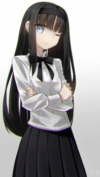 1girl black_hair black_skirt blue_eyes breasts crossed_arms hairband highres long_hair long_skirt long_sleeves looking_at_viewer neck_ribbon one_eye_closed ribbon shirt skirt small_breasts solo tohno_akiha tsukihime white_shirt yubeshi_(zecxl)