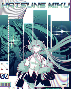 1girl android antenna_hair aqua_eyes aqua_hair aqua_necktie aqua_theme aqua_trim arm_at_side artist_name barcode bare_shoulders black_jacket black_skirt black_thighhighs breasts character_name chromatic_aberration closed_mouth collared_shirt colored_skin commentary cowboy_shot double-parted_bangs empty_eyes english_commentary expressionless eyes_visible_through_hair frilled_shirt frilled_shirt_collar frills frown fur-trimmed_jacket fur_trim hair_between_eyes hair_ornament halftone hand_in_pocket hatsune_miku headset highres inverted_eyelashes jacket jacket_partially_removed joints long_hair looking_ahead looking_at_viewer looking_up miniskirt multiple_views necktie no_pupils open_clothes open_jacket pleated_skirt profile robot_joints shirt sidelocks simple_background skirt sleeveless sleeveless_shirt small_breasts sparkle standing straight-on thighhighs twintails velvetterabby very_long_hair vocaloid white_background white_shirt white_skin wind zettai_ryouiki