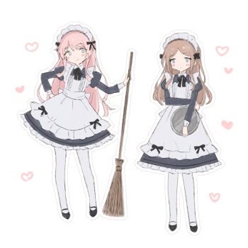 2girls apron bang_dream! bang_dream!_it's_mygo!!!!! black_shoes blue_eyes blush broom brown_hair chihaya_anon closed_mouth grey_eyes hand_on_own_hip heart highres juliet_sleeves long_hair long_sleeves m_(226mmy) maid maid_apron multiple_girls nagasaki_soyo panties pink_hair puffy_sleeves shoes underwear white_apron white_background white_panties