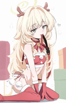 1girl antlers blonde_hair blue_archive breasts christmas closed_mouth commentary donutman fake_antlers fur-trimmed_gloves fur-trimmed_thighhighs fur_trim gloves green_eyes halo highres horns leash long_hair looking_at_viewer mouth_hold panties pet_play professor_niyaniya_(blue_archive) red_gloves red_panties red_thighhighs red_tube_top reindeer_antlers side-tie_panties sitting small_breasts solo strapless symbol-only_commentary thighhighs tube_top underwear very_long_hair wariza wavy_hair yellow_halo
