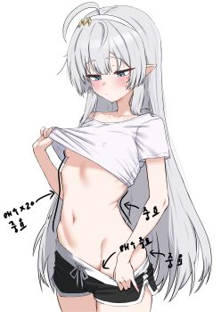 1girl absurdres ahoge black_shorts blue_eyes blush breasts closed_mouth clothes_lift clothes_pull collarbone covered_erect_nipples cowboy_shot crop_top dolphin_shorts drawstring female_tyrant_(stella_sora) hairband heavy_breathing highres label lifting_own_clothes long_hair looking_down navel no_bra off_shoulder oldsickkim pointy_ears shirt shirt_lift short_shorts short_sleeves shorts shorts_pull simple_background small_breasts solo spoken_blush stella_sora stomach sweat tyrant_(stella_sora) very_long_hair white_background white_hair white_hairband white_shirt
