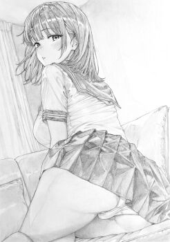 1girl absurdres blush breasts choppy_bangs commentary_request couch crotch_seam eyelashes feet_out_of_frame graphite_(medium) greyscale highres indoors large_breasts lensia looking_at_viewer looking_back miniskirt monochrome on_couch original panties parted_lips partially_visible_vulva pillow pleated_skirt sailor_collar school_uniform serafuku shirt short_sleeves sitting skirt solo traditional_media turning_head underwear yokozuwari