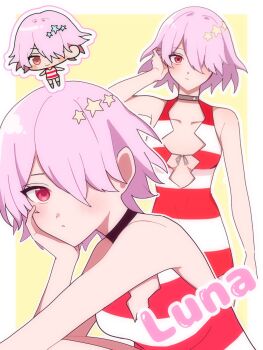 1girl :/ bare_shoulders black_choker blush bored breasts casual_one-piece_swimsuit character_name chibi choker cleavage cleavage_cutout closed_mouth clothing_cutout deyodeyo866 dr._stone dress hair_ornament hair_over_one_eye hand_on_own_face hashtag-only_commentary highres light_blush light_smile looking_at_viewer luna_wright multiple_views one-piece_swimsuit pink_hair red_eyes shirt short_dress short_hair simple_background smile star_(symbol) star_choker star_hair_ornament striped_clothes striped_one-piece_swimsuit striped_shirt swimsuit yellow_background