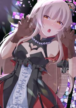 1girl absurdres bare_shoulders black_dress blush breasts brown_gloves brown_hair center_frills charlotta_skopovskaya claw_pose cleavage cleavage_cutout clothing_cutout commentary detached_sleeves dmc_tales2006 double_bun dress english_commentary frilled_dress frills gloves grey_hair hair_bun hair_ornament hands_up heart_cutout heaven_burns_red highres indoors jewelry long_hair looking_at_viewer medium_breasts necklace nose_blush open_mouth pearl_necklace puffy_short_sleeves puffy_sleeves short_sleeves solo stained_glass teeth upper_teeth_only very_long_hair yellow_eyes