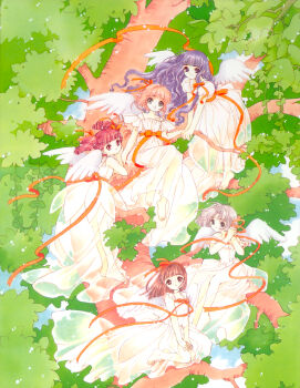 1990s_(style) 5girls absurdres barefoot brown_hair cardcaptor_sakura child clamp daidouji_tomoyo drill_hair highres kinomoto_sakura looking_at_viewer looking_back mihara_chiharu multiple_girls official_art outdoors purple_hair retro_artstyle ribbon sasaki_rika scan see-through_clothes short_hair smile tagme tree twin_drills wings yanagisawa_naoko