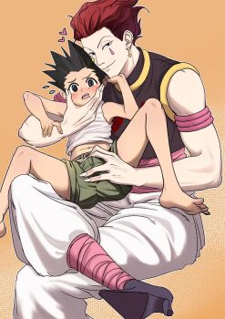 2boys armpits black_hair blush bulge drawing_on_another&#039;s_face ear_piercing gon_freecss groping highres hisoka_morow holding_face male_focus multiple_boys piercing red_hair shorts shota sleeveless tank_top yaoi