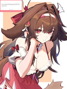 1girl alt_text animal_ears armband bare_shoulders blush breasts brown_background brown_hair cleavage closed_mouth commentary distr droopy_ears english_commentary fan_request frilled_armband frills hair_intakes hairband hand_up highres horse_ears horse_tail large_breasts long_hair looking_at_viewer marshmallow_(site) official_alternate_costume red_eyes red_hairband red_skirt shirt skirt smile solo tail white_armband white_background white_shirt ye_shunguang ye_shunguang_(touch_of_dawnlight) zenless_zone_zero