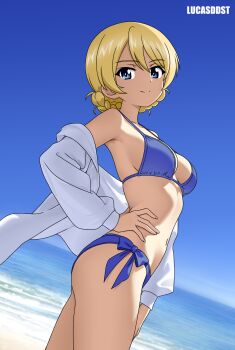 1girl artist_name beach bikini blue_bikini blue_sky braid breasts clear_sky closed_mouth commentary cowboy_shot darjeeling_(girls_und_panzer) dutch_angle girls_und_panzer hand_on_own_hip highres horizon looking_at_viewer lucasddst medium_breasts ocean off_shoulder shirt short_hair side-tie_bikini_bottom sky smile solo standing swimsuit white_shirt
