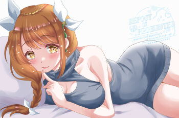 Rule 34 | 1girl, alternate costume, bare shoulders, braid, breast press, breasts, brown hair, cleavage, cleavage cutout, clothing cutout, collarbone, finger to mouth, fire emblem, fire emblem engage, goldmary (fire emblem), hair ribbon, large breasts, long hair, looking at viewer, low ponytail, nintendo, open mouth, ponytail, rein rise, ribbon, shushing, side ponytail, solo, sweater, thighs, turtleneck, turtleneck sweater, white ribbon, wide hips, yellow eyes