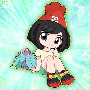 Rule 34 | 1girl, abstract background, absurdres, aqua shorts, beanie, black eyes, black hair, black shoes, chibi, fangs, gen 7 pokemon, hat, highres, looking at viewer, mareanie, meryizza, multicolored shoes, nintendo, pokemon, pokemon (creature), pokemon sm, red hat, red shoes, selene (pokemon), shirt, shoes, short hair, short shorts, short sleeves, shorts, sitting, spikes, two-tone shoes, yellow shirt