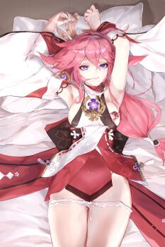 1girl armpits arms_up bed_sheet bow bow_panties breasts chinese_commentary commentary_request detached_sleeves genshin_impact gong_cha hair_ornament half-closed_eyes highres japanese_clothes large_breasts long_sleeves looking_at_viewer lying omamori on_back panties panty_pull partial_commentary pillow pink_hair purple_eyes sideboob smile solo underwear white_panties wide_sleeves yae_miko