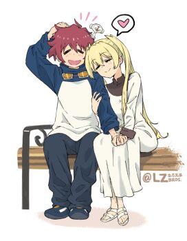 1boy 1girl arm_hug artist_name bench blonde_hair blush breasts closed_eyes denim dress feet hand_on_another's_shoulder hand_on_own_head happy head_on_another's_shoulder heart highres holding_hands hood hoodie jeans kekkai_sensen leonardo_watch long_hair lzbros pants red_hair short_hair sitting small_breasts smile sonic_(kekkai_sensen) spoken_heart teeth tongue twintails white_(kekkai_sensen) white_dress