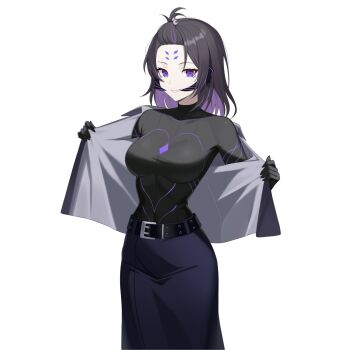 1girl bangs_pinned_back belt black_hair black_shirt blue_skirt breasts colored_inner_hair commission facial_mark forehead_mark grin horns jacket large_breasts long_hair long_skirt looking_at_viewer multicolored_hair off_shoulder open_clothes open_jacket original purple_eyes purple_hair shirt shirt_tucked_in simple_background skirt smile solo streaked_hair white_background ysoa26