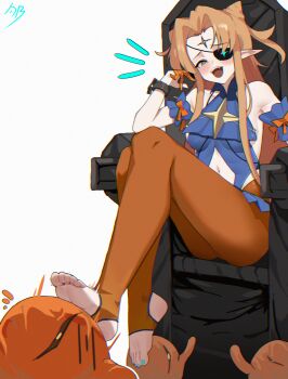 1girl :d absurdres aqua_nails armpit_crease artist_name bare_shoulders blonde_hair blush breasts cameltoe clothing_cutout commentary cone_hair_bun cuffs double_bun eyepatch facial_mark forehead_mark hair_bun highres legs medium_breasts mesugaki_regent minion_(slay_the_spire) nail_polish navel navel_cutout on_throne open_mouth shackles sideboob signature simple_background sitting slay_the_spire slay_the_spire_2 smile soles spoon_b stepped_on stirrup_legwear the_regent_(slay_the_spire) throne toeless_legwear toenail_polish toenails toes white_background yellow_eyes