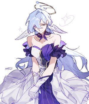 1girl artist_name blue_hair breasts bright_pupils choker closed_mouth collarbone commentary cowboy_shot detached_sleeves dress english_commentary feathered_wings gloves green_eyes hair_between_eyes halo head_wings highres honkai:_star_rail honkai_(series) jewel_under_eye long_hair looking_at_viewer medium_breasts own_hands_together purple_choker purple_dress purple_sleeves robin_(honkai:_star_rail) short_sleeves sillyguy1234567 simple_background sleeveless sleeveless_dress smile solo sparkle standing star_ornament strapless strapless_dress striped_clothes striped_dress two-tone_dress wavy_hair white_background white_dress white_gloves white_pupils wings