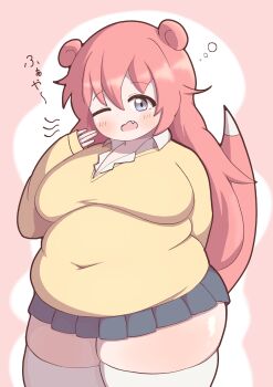 1girl absurdres ahoge ass big_belly borrowed_design breasts brown_sweater cardigan collared_shirt commentary_request crossed_bangs fang fangfan018 fat_rolls feet_out_of_frame gen_1_pokemon grey_eyes gyaru gyaru_slowpoke_(shin_no_tenpii) hair_between_eyes highres kogal large_breasts large_tail long_hair long_sleeves microskirt nintendo one_eye_closed personification pink_hair pink_tail pleated_skirt plump pokemon pokemon_tail shirt skirt sleeves_past_wrists slowpoke solo sweater tail tail_under_clothes thick_thighs thighhighs thighs white_thighhighs wide_hips yawning zettai_ryouiki