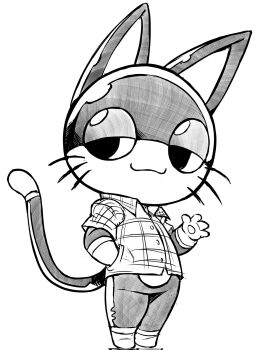 Rule 34 | 1boy, animal crossing, animal ears, button up skirt, cat boy, cat ears, cat tail, half-closed eyes, hand in pocket, highres, nintendo, punchy (animal crossing), sketch, tail, teevo, waving, whiskers