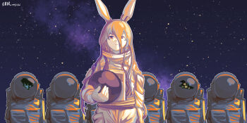 1girl 6+others artist_name astronaut cracked_helmet dated death facing_viewer flower furahata_gen hair_between_eyes helmet highres holding holding_unworn_helmet long_hair long_sleeves multiple_others pocket purple_ears rabbit_girl red_eyes reisen_udongein_inaba space space_helmet space_uniform star_(sky) touhou unworn_headwear unworn_helmet