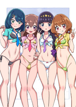 4girls aqua_shirt asortofcolorfag black_bra black_panties blue_eyes blue_hair blush bra brown_hair cameltoe colorized cropped_shirt eyebrows_hidden_by_hair flat_chest fuwa_kokone gluteal_fold gold_bra gold_panties green_bra green_eyes green_panties groin hair_between_eyes hair_ornament hairclip hanamichi_ran hand_on_another's_hip kasai_amane long_hair looking_at_viewer medium_hair miyagoe_yoshitsuki multiple_girls nagomi_yui navel necktie open_mouth panties pink_shirt precure purple_eyes purple_hair red_eyes shirt simple_background smile stomach teeth tied_shirt underwear v white_background white_bra white_panties yellow_shirt