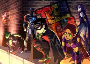 2girls 4boys absurdres animification ass batman_(series) beast_boy_(dc) belt black_hair bodysuit boots breasts cape colored_sclera colored_skin commentary cyborg cyborg_(dc) dark_skin dc_comics deathstroke dick_grayson domino_mask ducklordethan english_commentary eye_mask forehead_jewel gloves gorget green_eyes green_sclera green_skin grey_skin hetero highres huge_filesize leotard long_hair mask medium_breasts midriff multiple_boys multiple_girls orange_skin parody purple_eyes purple_hair raven_(dc) red_hair robin_(dc) short_hair skirt smile starfire style_parody superhero_costume teen_titans thigh_boots thighhighs