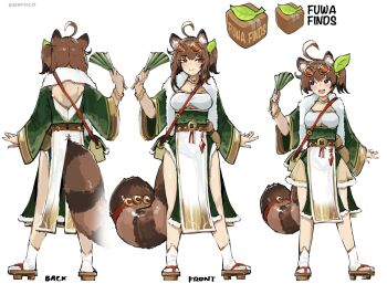 1girl :d aged_down ahoge alterkyon animal_ears armband back_cutout bag breasts brown_hair brown_tail clothing_cutout commission company_logo eyewear_on_head full_body gem glasses gold_trim green_bag hand_fan highres holding jewelry large_tail logo open_mouth original platform_sandals raccoon_ears raccoon_girl raccoon_tail red_eyes reference_sheet round_eyewear sandals shoulder_bag smile socks solo tail tanuki underboob_cutout white_background white_socks