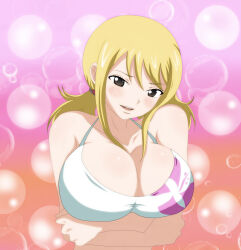 Rule 34 | 1girl, artist request, bare shoulders, bikini, blonde hair, breasts, cleavage, collarbone, fairy tail, highres, large breasts, looking at viewer, lucy heartfilia, open mouth, swimsuit, teeth, upper teeth only
