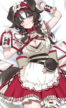 1girl absurdres animal_collar animal_ears apron bibi_biscuit blue_eyes breasts brown_hair cleavage closed_mouth collar dog_ears dog_girl dog_tail frilled_hairband frilled_thigh_strap frills gradient_hair hairband highres holding holding_leash large_breasts leash looking_at_viewer lying multicolored_hair nemun_(tamizzz) on_back phase_connect red_skirt skirt solo tail thigh_strap virtual_youtuber white_apron white_hair