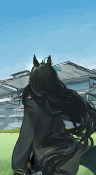 1girl absurdres ahoge animal_ears black_coat black_hair blue_sky coat commentary_request floating_hair fujigaya_seizo grass highres horse_ears horse_girl horse_tail long_hair long_sleeves manhattan_cafe_(umamusume) multicolored_hair outdoors sky solo stadium tail umamusume very_long_hair white_hair