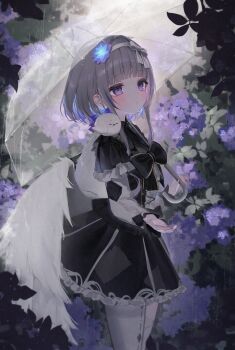 1girl absurdres adversarial_noise animal animal_on_shoulder asymmetrical_legwear bird bird_on_shoulder black_bow black_dress black_ribbon blue_flower blue_hair blunt_bangs blush bob_cut bow breasts closed_mouth colored_inner_hair commentary commission cowboy_shot cross-laced_clothes cross-laced_dress dress feathered_wings fingernails flower flower_request frilled_dress frills from_side gingham glowing_flower grey_hair grey_pantyhose grey_thighhighs hair_flower hair_intakes hair_ornament hair_ribbon highres holding holding_umbrella light_frown long_sleeves looking_ahead low_wings medium_breasts multicolored_dress multicolored_hair nail_polish neck_ribbon outdoors outstretched_hand pantyhose patchwork_clothes petticoat plant purple_eyes purple_flower purple_hair purple_nails rain re:act ribbon short_dress short_hair_with_long_locks sidelocks single_leg_pantyhose single_thighhigh skeb_commission solo streaked_hair tamafurin thick_eyelashes thighhighs torn_clothes torn_sleeves transparent transparent_umbrella umbrella umbrella_over_shoulder uneven_legwear usuwa_suu virtual_youtuber water_drop white_dress white_ribbon white_sleeves white_wings wings