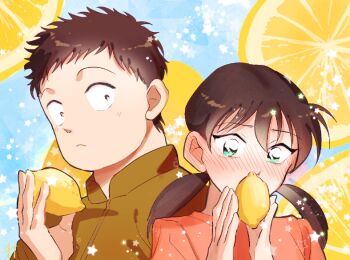 Rule 34 | 1boy, 1girl, black hair, blue background, blush, brown shoes, chiba kazunobu, closed mouth, couple, covering own mouth, czech gana, food, fruit, fruit background, green eyes, holding, holding food, holding fruit, lemon, lemon slice, low twintails, meitantei conan, miike naeko, portrait, red skirt, shoes, short hair, skirt, star (symbol), twintails