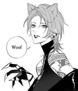 1girl absurdres animal_ears arm_tattoo cat_ears claws commentary_request english_text from_side greyscale highres kemonomimi_mode looking_at_viewer medium_hair monochrome off_shoulder parted_lips path_to_nowhere shirt shoulder_tattoo sleeveless sleeveless_shirt solo speech_bubble tattoo toho10min upper_body wolf_cut zoya_(path_to_nowhere)