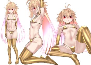 Rule 34 | 1girl, absurdres, arcueid brunestud, arm up, bikini, blonde hair, blue notuki, blush, breasts, eco-arc, gold bikini, highres, long hair, looking at viewer, micro bikini, multiple views, navel, red eyes, sitting, small breasts, sweat, swimsuit, tsukihime, white background