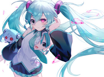 1girl aimaina aisarenakute_mo_kimi_ga_iru_(vocaloid) aqua_hair aqua_necktie aqua_trim black_skirt broken_mask closed_mouth collared_shirt detached_sleeves hair_between_eyes hair_ornament harutoto hatsune_miku highres long_hair long_sleeves looking_at_viewer mask miniskirt necktie pink_eyes pleated_skirt shirt simple_background skirt sleeveless sleeveless_shirt solo twintails very_long_hair vocaloid white_background white_shirt wide_sleeves