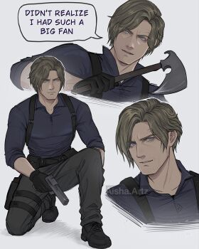 Rule 34 | 1boy, absurdres, artzaisha, axe, black gloves, blonde hair, blue eyes, blue shirt, chest holster, full body, gloves, gun, handgun, hatchet (axe), highres, holding, holding axe, holding gun, holding weapon, kneeling, leon s. kennedy, looking to the side, mature male, multiple girls, multiple views, on one knee, parted lips, resident evil, resident evil requiem, shirt, short hair, sleeves rolled up, weapon, wrinkled skin