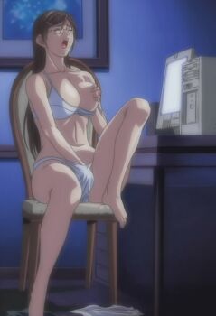 00s animated animated_gif barefoot bra breasts brown_hair closed_eyes computer discipline:_the_record_of_a_crusade feet female_masturbation fingering glasses groping hand_in_panties kaneda_maiko long_hair masturbation nipples one_breast_out open_mouth panties solo underwear