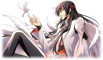 1boy arm_support artist_request bird bird_on_hand black_hair black_pants blue_gemstone brown_eyes cape closed_mouth coat code_geass code_geass:_lost_stories dove from_side game_cg gem half-closed_eyes hand_up happy highres knee_up leaning_back li_xingke long_hair long_sleeves male_focus non-web_source official_art pants sash sidelocks simple_background sitting smile solo transparent_background very_long_hair white_cape white_coat